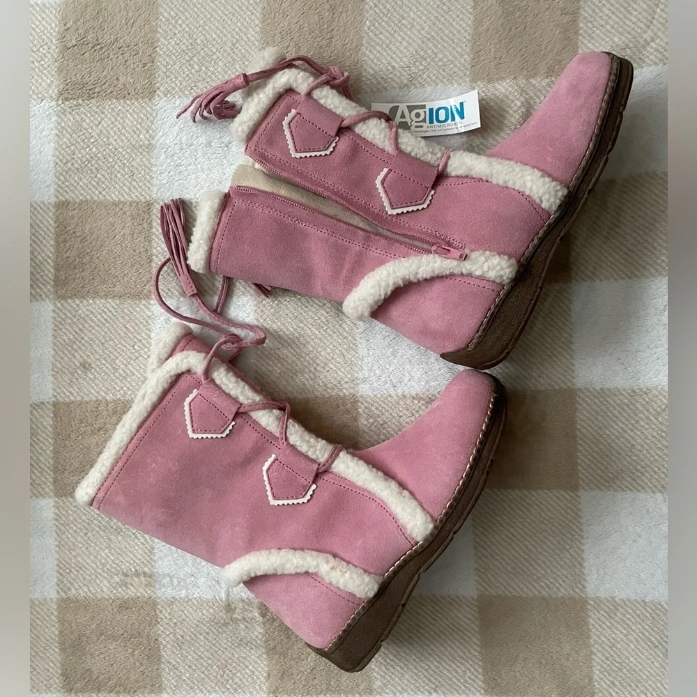 Lands' End G Faux Sherling with Tassels Pink Kids Boots with Cream Accents Girl